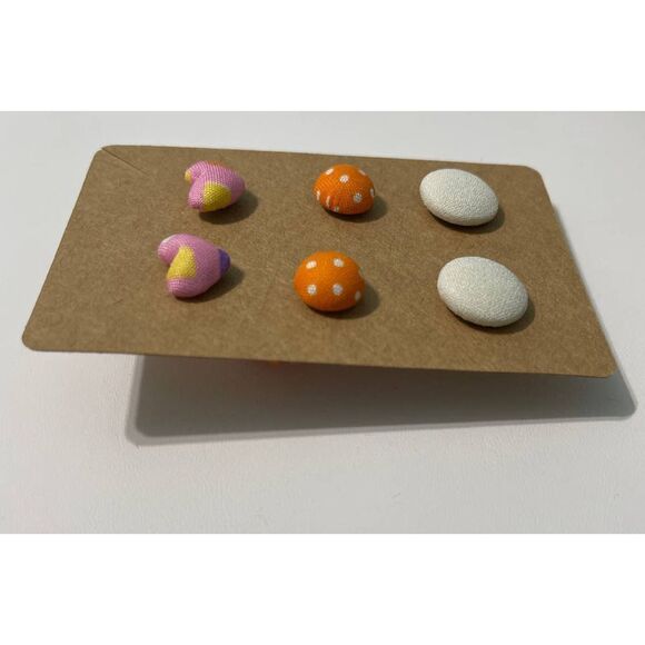 Fabric Covered Button Earring Stud Set Round Pink - Picture 2 of 5